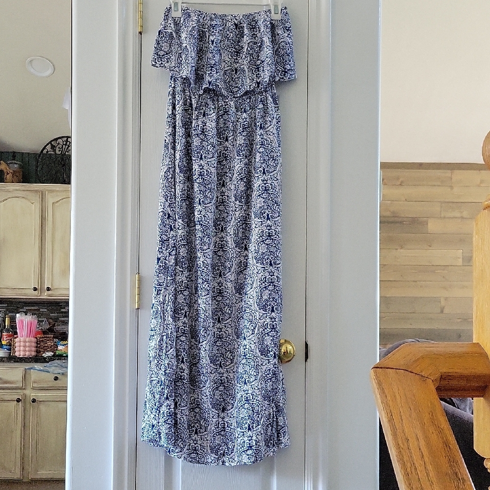 Blue Floral Off-Shoulder Maxi Dress